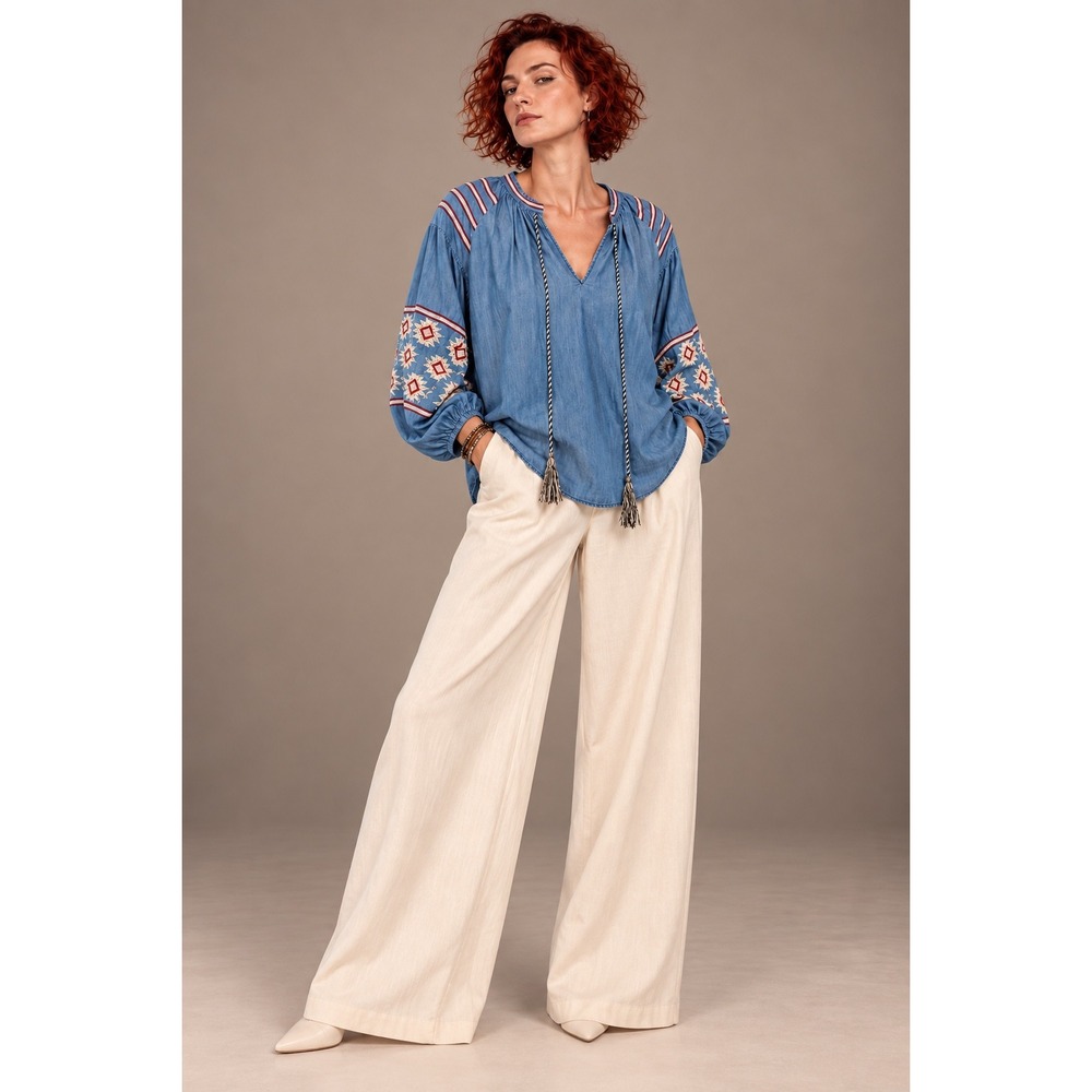 Given Kale Lyocell Chambray Embroidered Southwestern Tassel Tunic Small